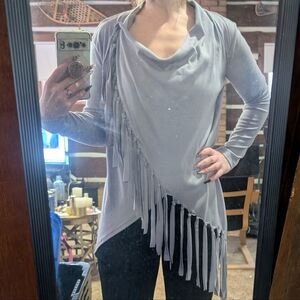 Chic Gray Fringe Wrap Cowl Neck Cardigan
